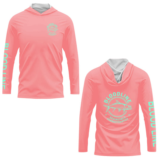 Pink "Tarpon/Desirable Characteristics " illustration, hooded long sleeve Dri-fit. (SPF50)