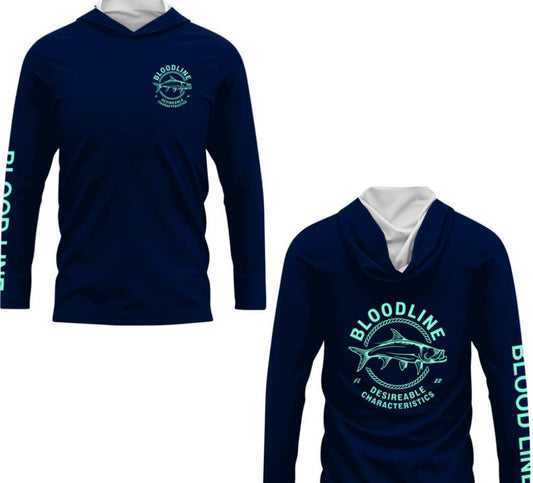 Deep Navy Blue "Tarpon/Desirable Characteristics" hooded long sleeve Dri-fit. (SPF50)